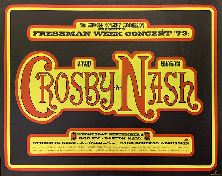 1973-09-05 Crosby and Nash concert poster found in Cornell's rare and manuscript collection, Kroch Library at Cornell